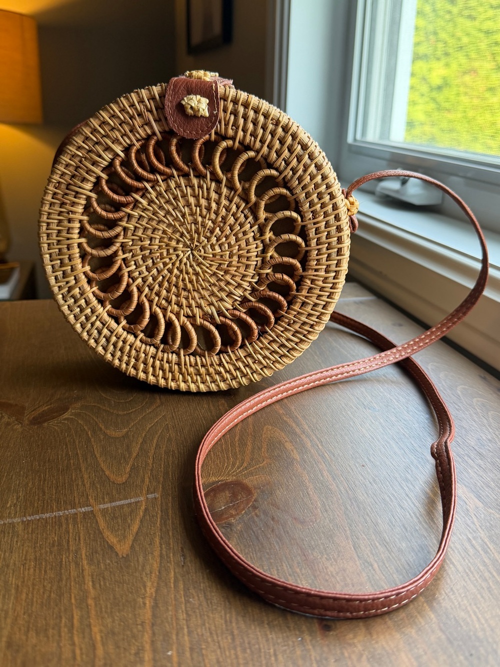 Hand Crafted Round Woven Crossbody Bag - Brown